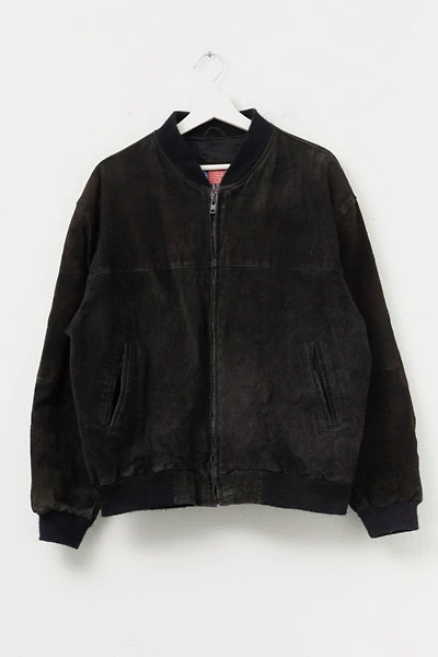 Vintage 1990s Distressed Black Suede Leather Bomber Jacket