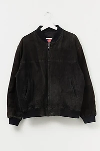 Vintage 1990s Distressed Black Suede Leather Bomber Jacket