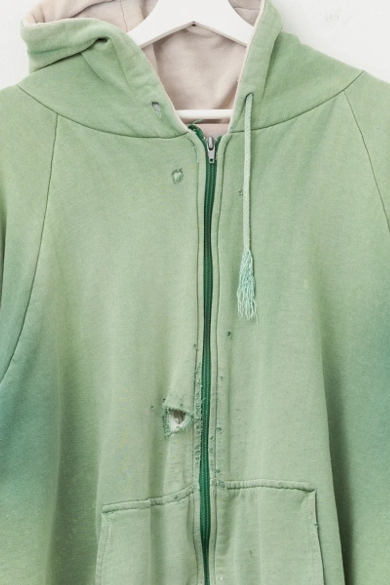 Vintage 1990s Distressed Green Thermal Lined Zipper Hoodie Sweatshirt