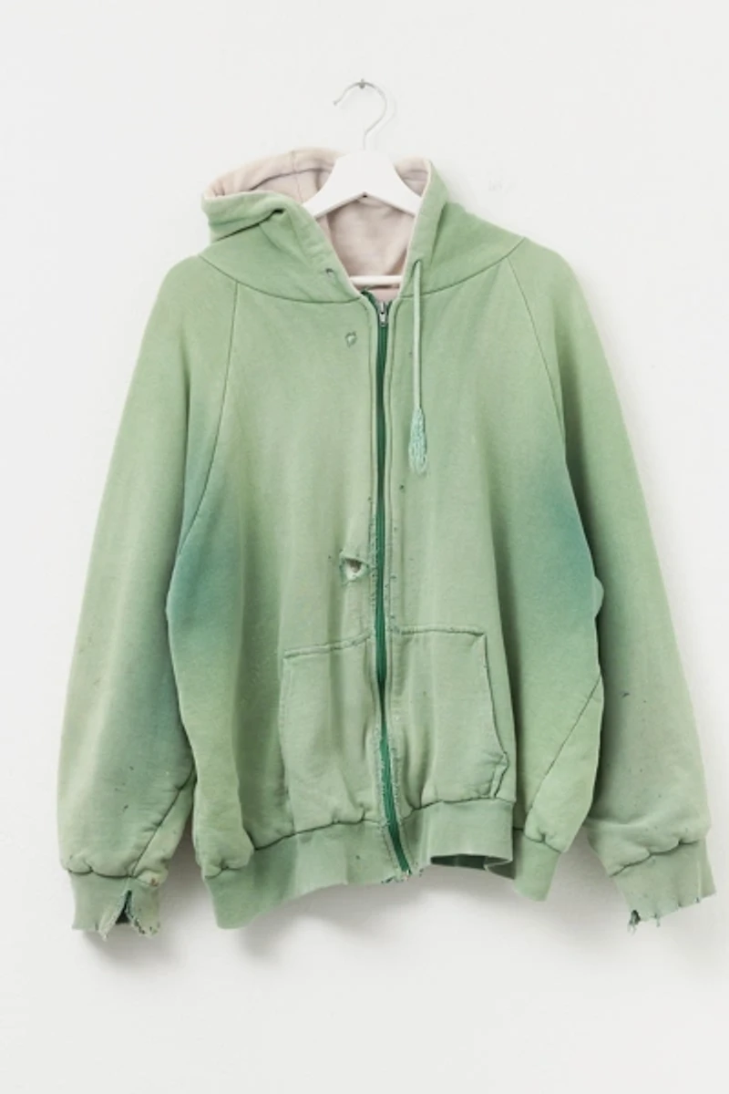 Vintage 1990s Distressed Green Thermal Lined Zipper Hoodie Sweatshirt