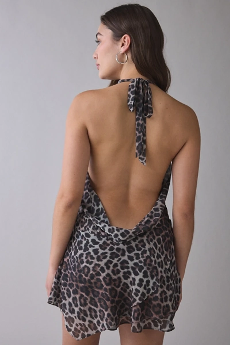 I.AM.GIA Rosanna Leopard Plunging Cowl Sleeveless Mini Dress