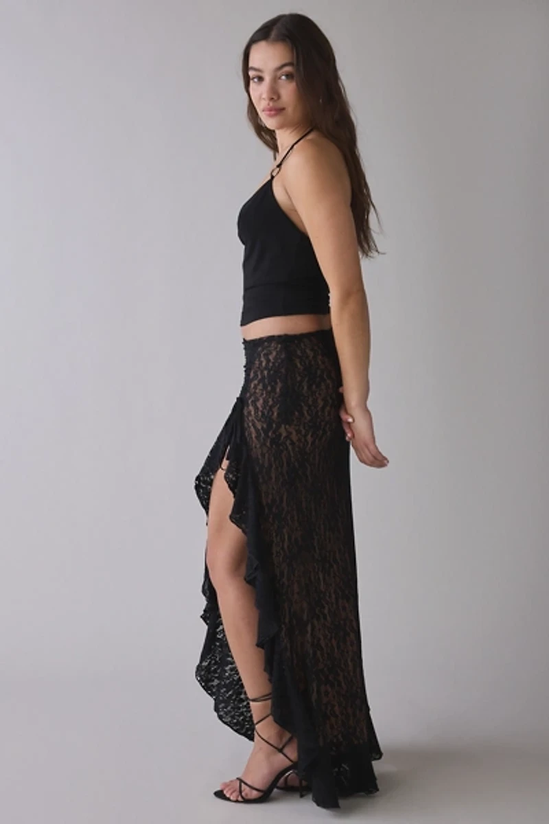I.AM.GIA Emilia Asymmetric Ruffle Slit Lace Maxi Skirt
