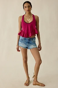 BDG Millie Raw-Edge Ruffle Racerback Crop Tank Top
