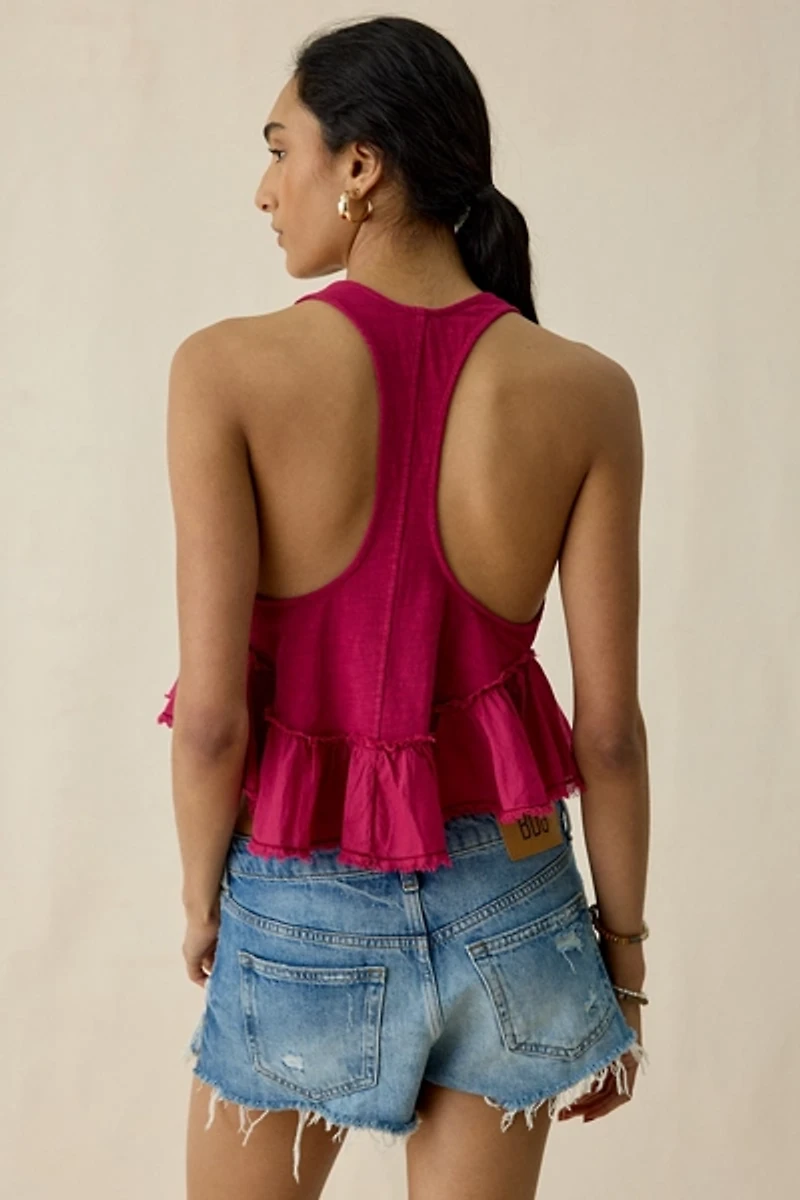 BDG Millie Raw-Edge Ruffle Racerback Crop Tank Top