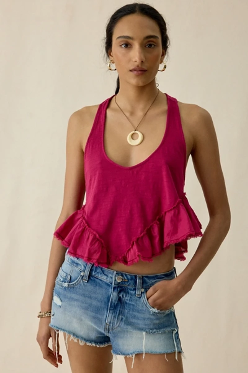 BDG Millie Raw-Edge Ruffle Racerback Crop Tank Top
