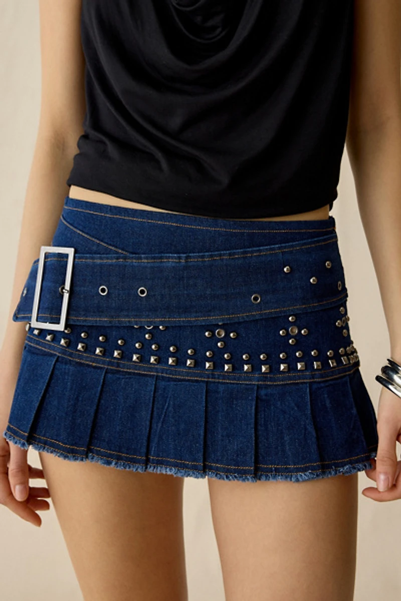 I.AM.GIA Mason Belted Low-Rise Pleated Denim Mini Skirt