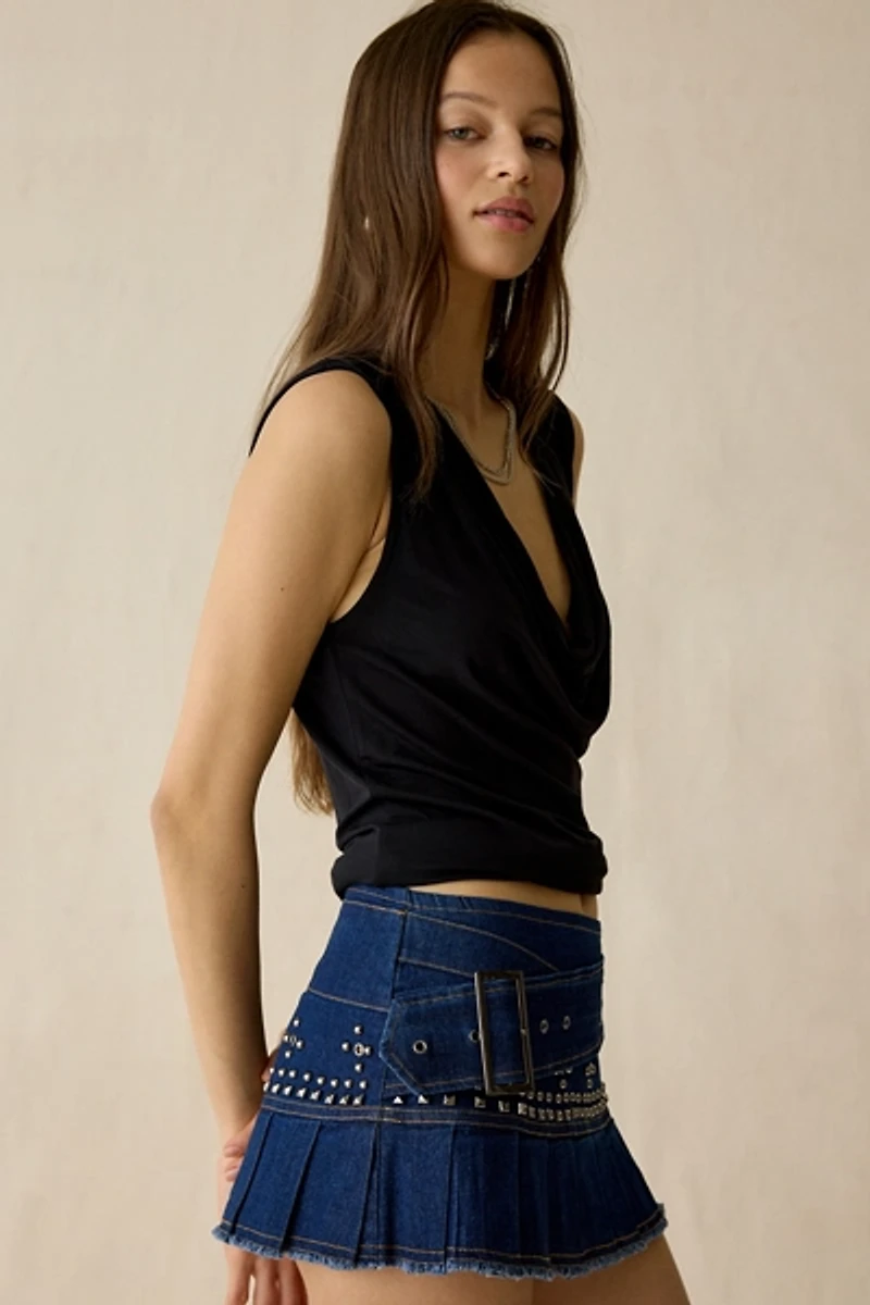 I.AM.GIA Mason Belted Low-Rise Pleated Denim Mini Skirt