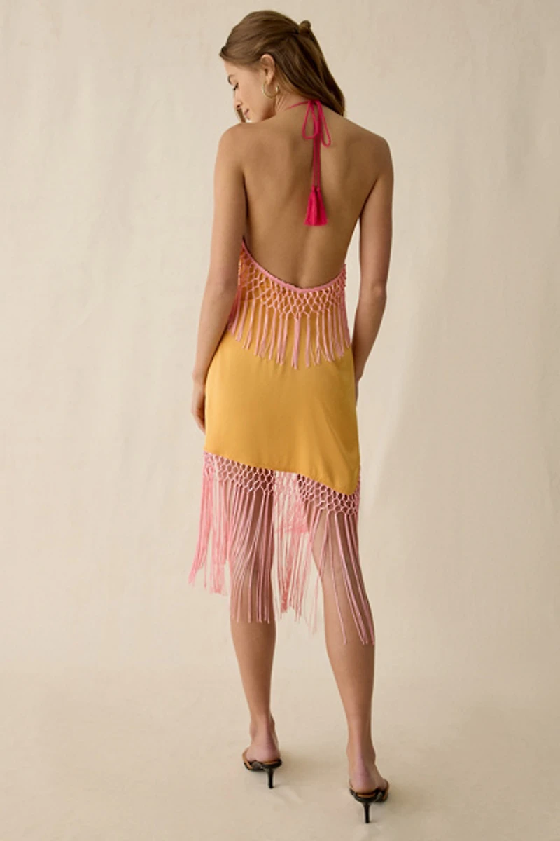 UO Hot Stuff High Halter Neck Fringe Mini Dress