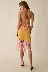 UO Hot Stuff High Halter Neck Fringe Mini Dress