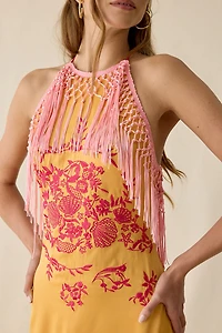 UO Hot Stuff High Halter Neck Fringe Mini Dress