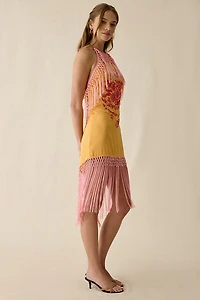 UO Hot Stuff High Halter Neck Fringe Mini Dress