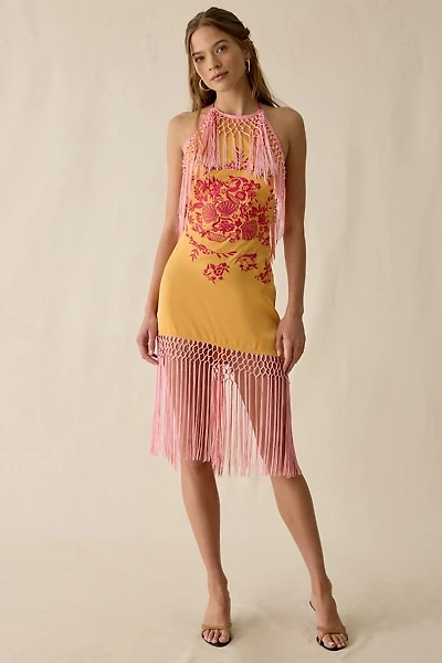 UO Hot Stuff High Halter Neck Fringe Mini Dress