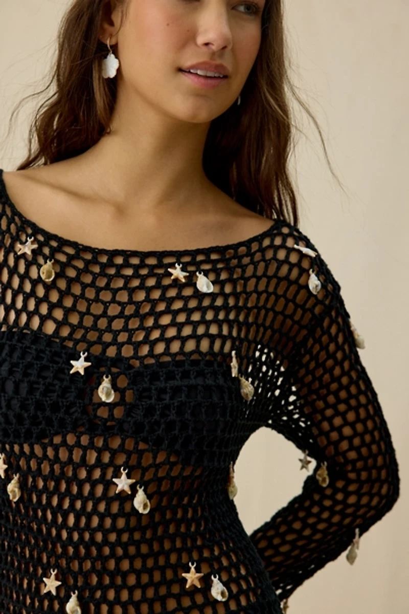 En Saison Dahlia Netted Crochet Long Sleeve Mini Dress