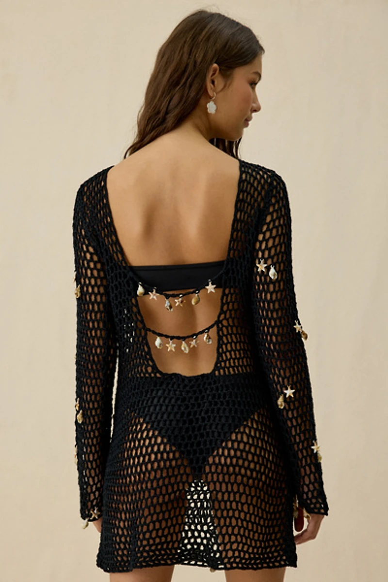 En Saison Dahlia Netted Crochet Long Sleeve Mini Dress