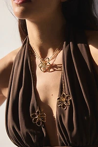 Bloom Flower Pendants Faux Wrap Necklace