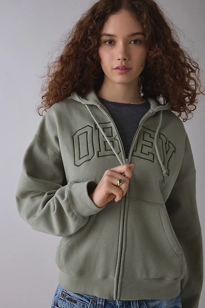 OBEY Collegiate Embroidered Graphic Baggy Full-Zip Hoodie Sweatshirt