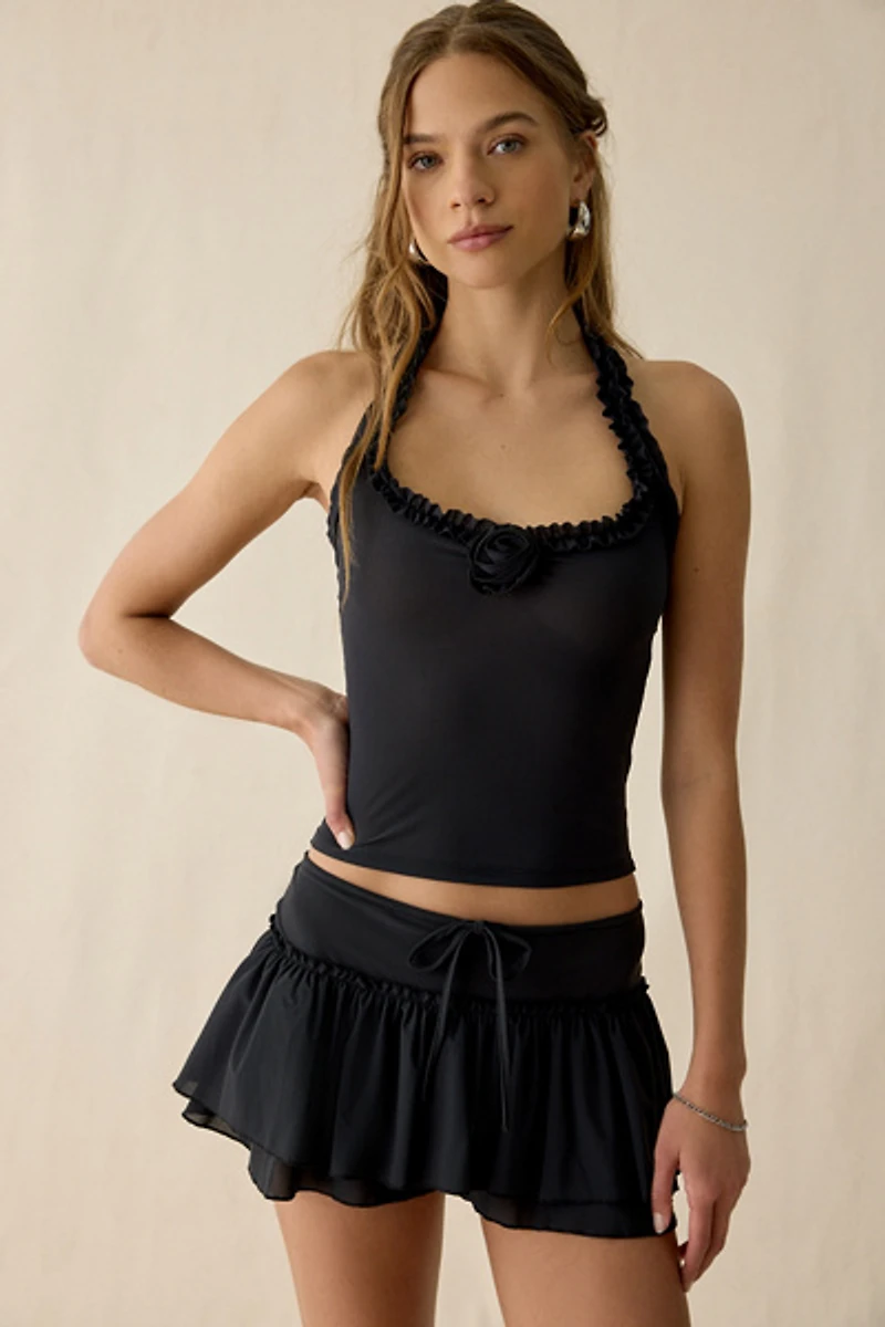 Out From Under Blossom Ruffle Trim Mesh Halter Top