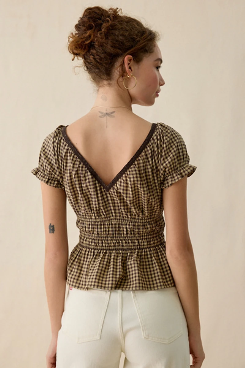 Kimchi Blue Jane Ruched Lace Trim Short Sleeve Blouse