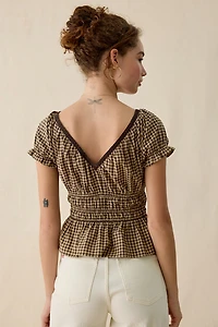 Kimchi Blue Jane Ruched Lace Trim Short Sleeve Blouse