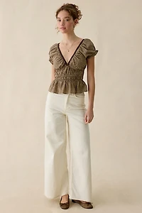Kimchi Blue Jane Ruched Lace Trim Short Sleeve Blouse