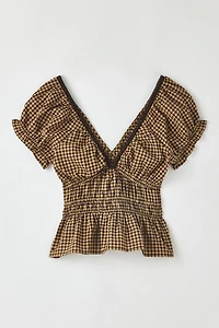 Kimchi Blue Jane Ruched Lace Trim Short Sleeve Blouse