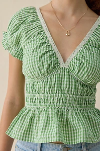 Kimchi Blue Jane Ruched Lace Trim Short Sleeve Blouse