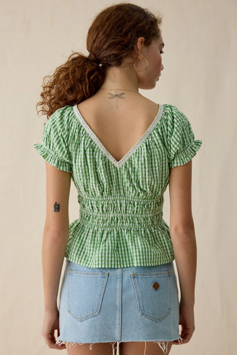 Kimchi Blue Jane Ruched Lace Trim Short Sleeve Blouse