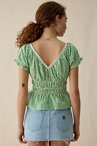 Kimchi Blue Jane Ruched Lace Trim Short Sleeve Blouse