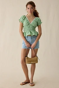 Kimchi Blue Jane Ruched Lace Trim Short Sleeve Blouse