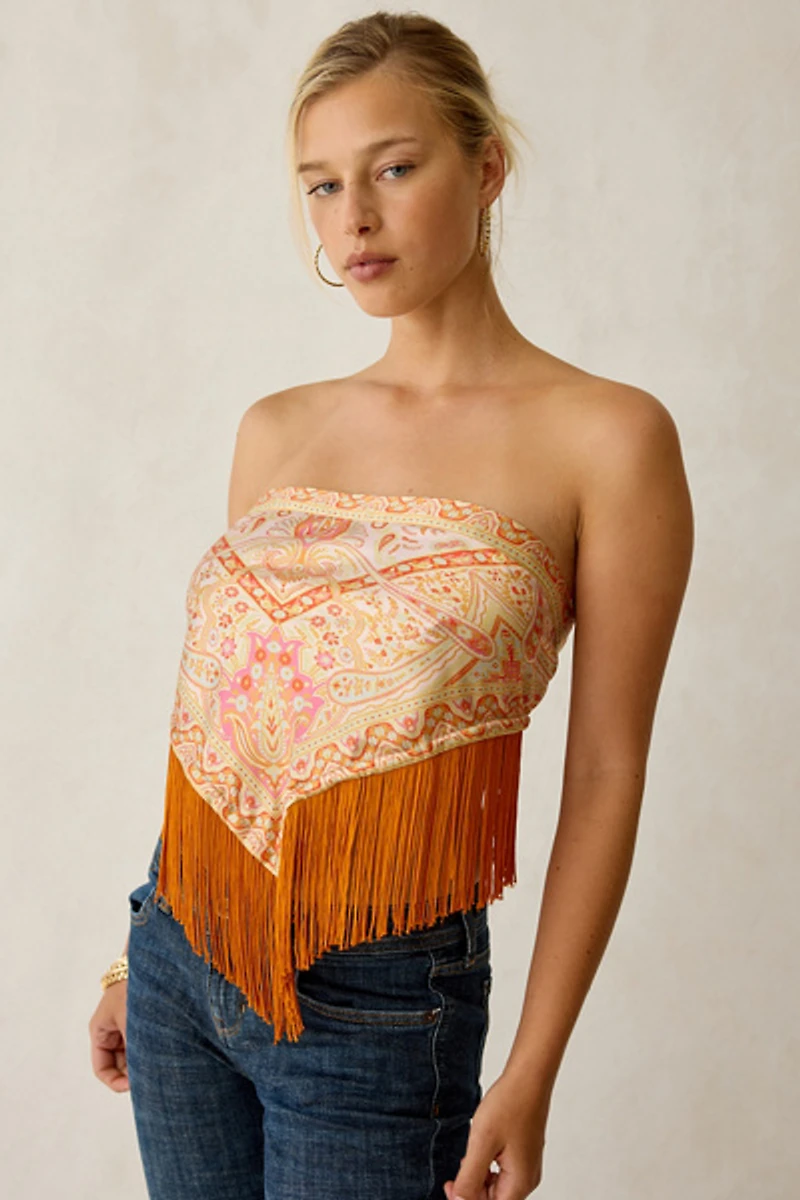 Tassel Trim Satin Triangle Scarf