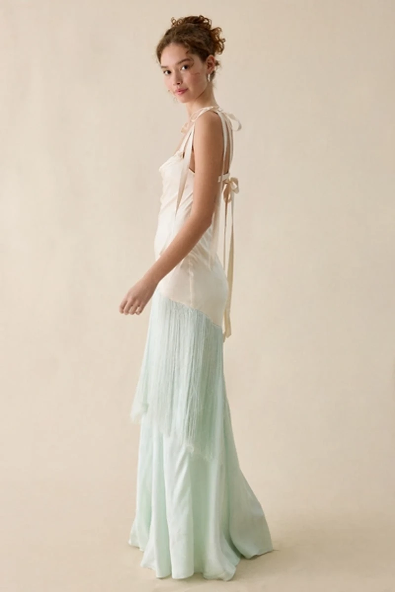 For Love & Lemons Andrea Jacquard Satin Fringe Maxi Dress