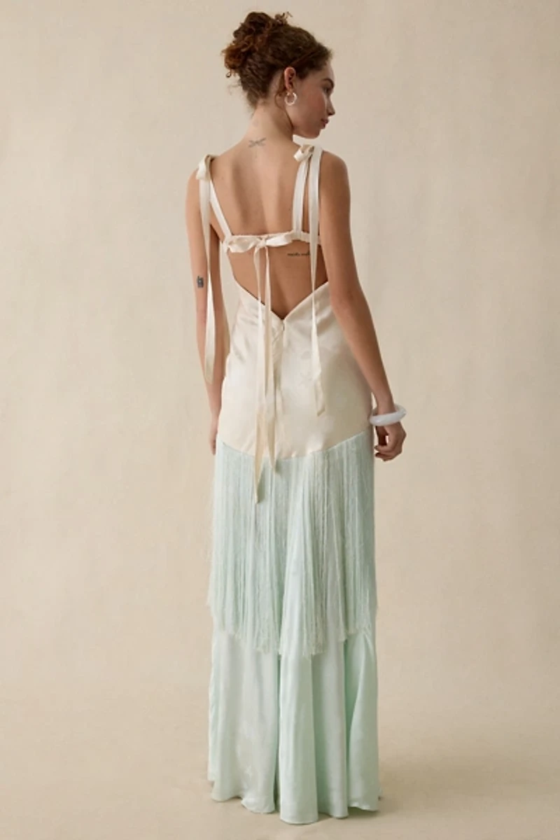 For Love & Lemons Andrea Jacquard Satin Fringe Maxi Dress