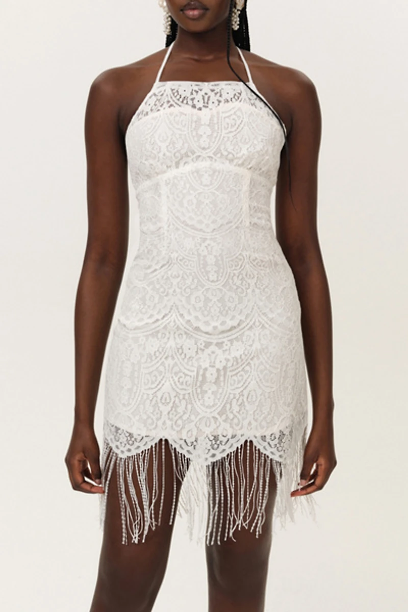 For Love & Lemons Siren Lace Halter Fringe Mini Dress