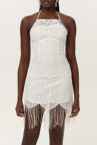 For Love & Lemons Siren Lace Halter Fringe Mini Dress