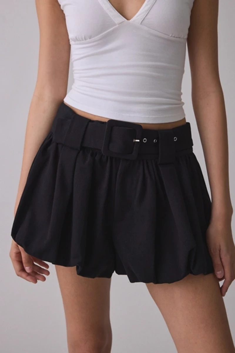 For Love & Lemons Isla Belted Bubble Hem Denim Shorts