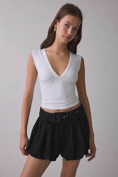 For Love & Lemons Isla Belted Bubble Hem Denim Shorts