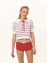 For Love & Lemons Betsey Striped Lace-Up Polo Top