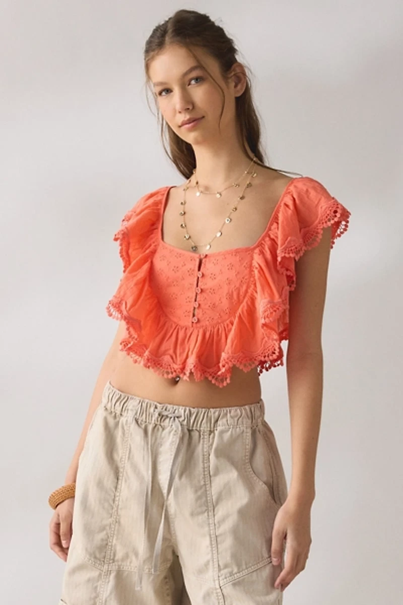 Kimchi Blue Mariposa Tie-Back Ruffle Cropped Blouse