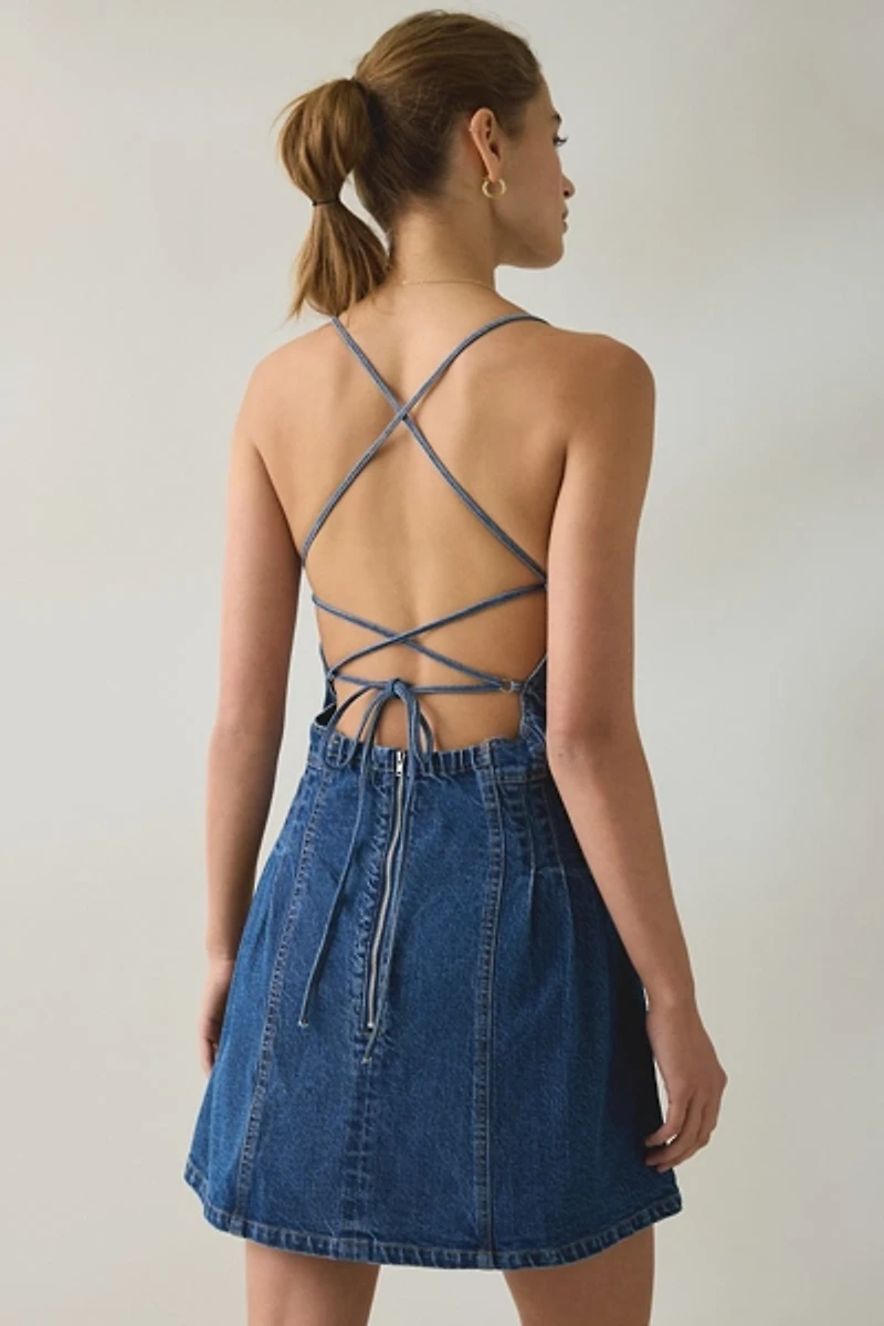 Steve Madden Lace-Up Open Back Seamed Denim Mini Dress
