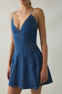 Steve Madden Lace-Up Open Back Seamed Denim Mini Dress