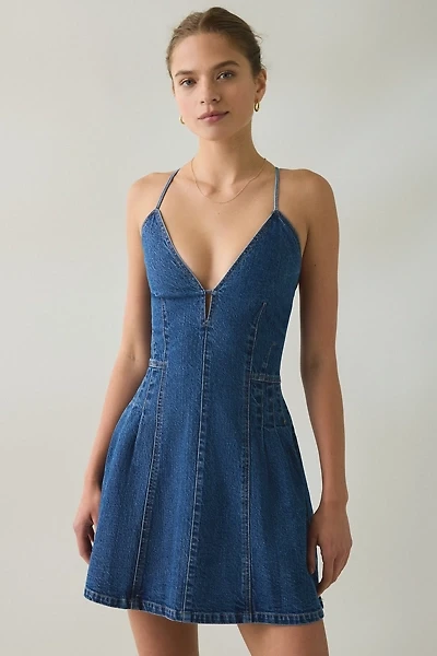 Steve Madden Lace-Up Open Back Seamed Denim Mini Dress