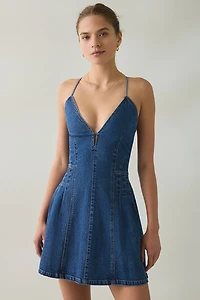 Steve Madden Lace-Up Open Back Seamed Denim Mini Dress