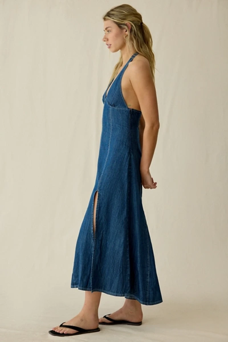 BDG Real Talk Seamed Denim Halter Neck Midi Dress
