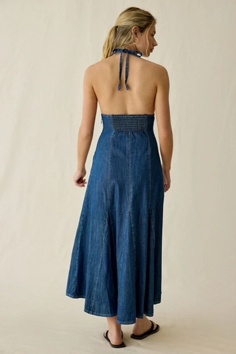 BDG Real Talk Seamed Denim Halter Neck Midi Dress