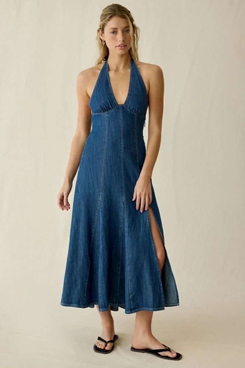 BDG Real Talk Seamed Denim Halter Neck Midi Dress
