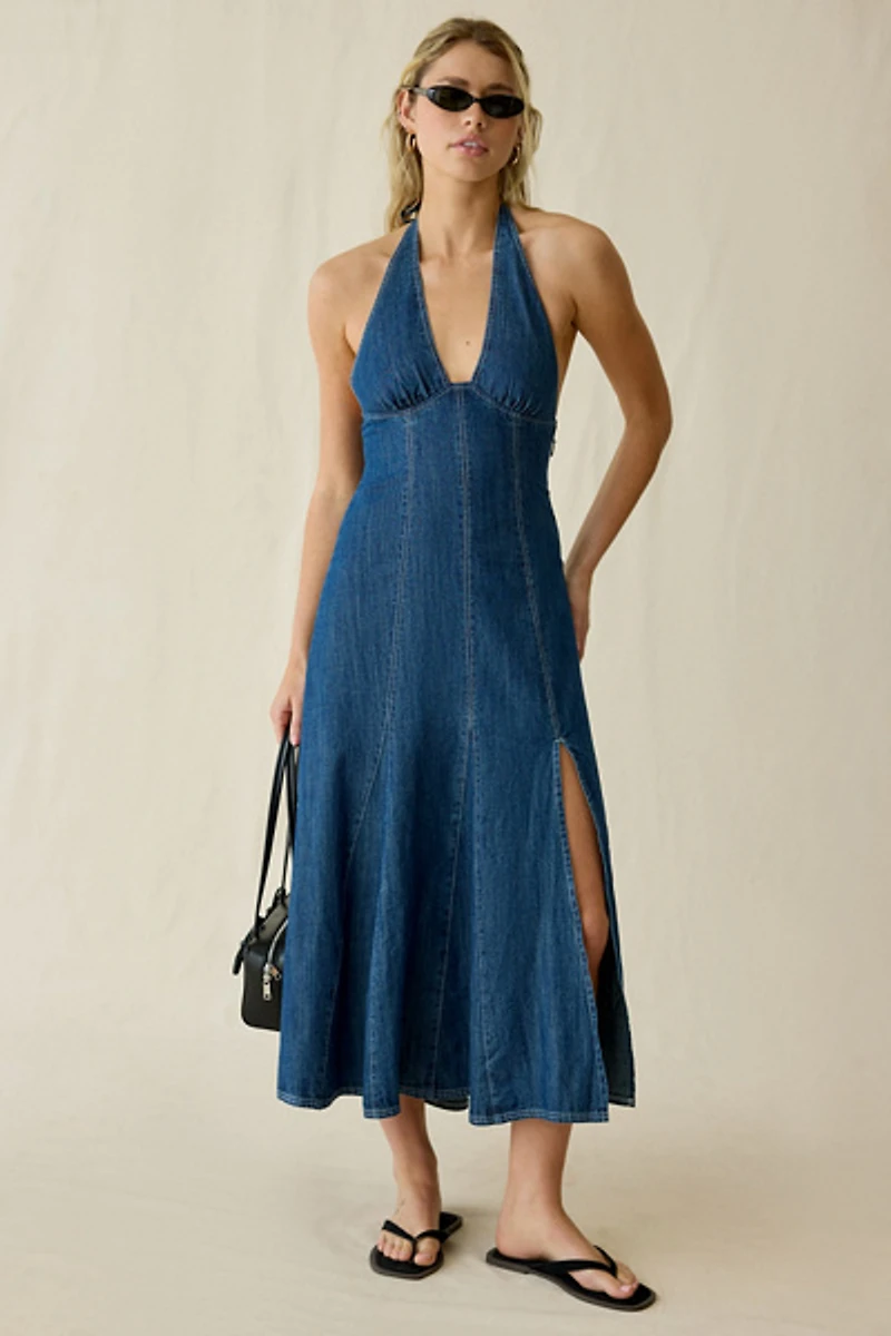 BDG Real Talk Seamed Denim Halter Neck Midi Dress