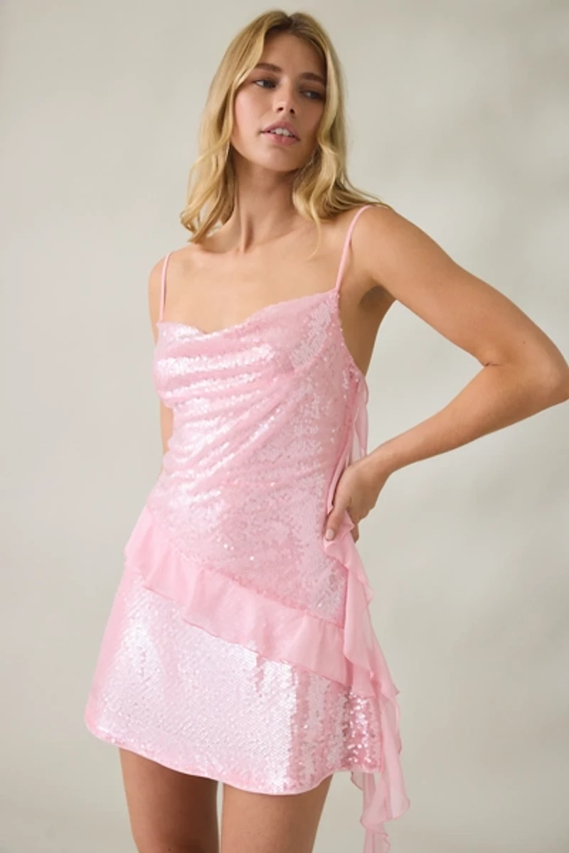 Elevator Disco Tinker Asymmetric Ruffle Sequin Mini Dress