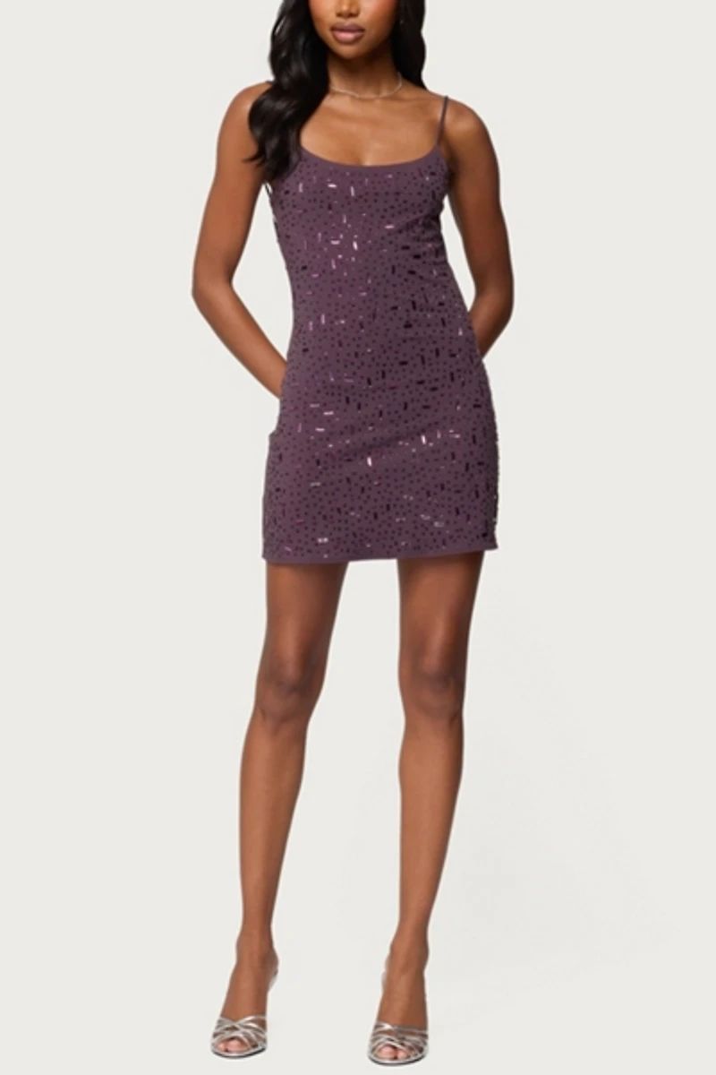 Edikted Stefanie Rhinestone Backless Mini Dress