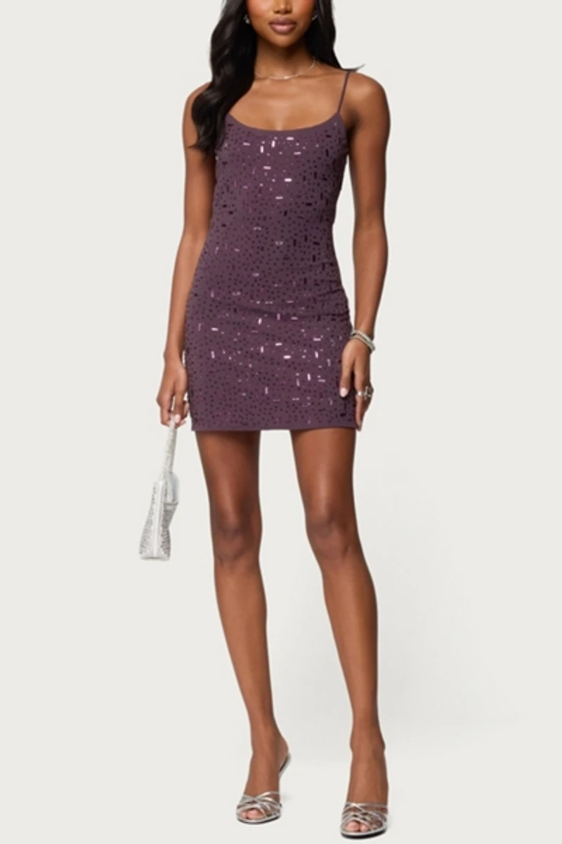 Edikted Stefanie Rhinestone Backless Mini Dress