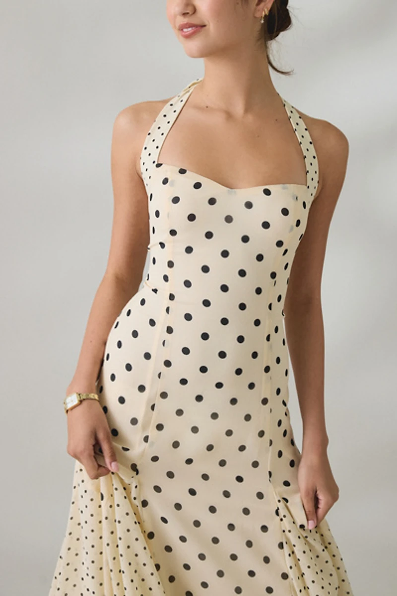 Elevator Disco One Of A Kind Polka Dot Halter Midi Dress